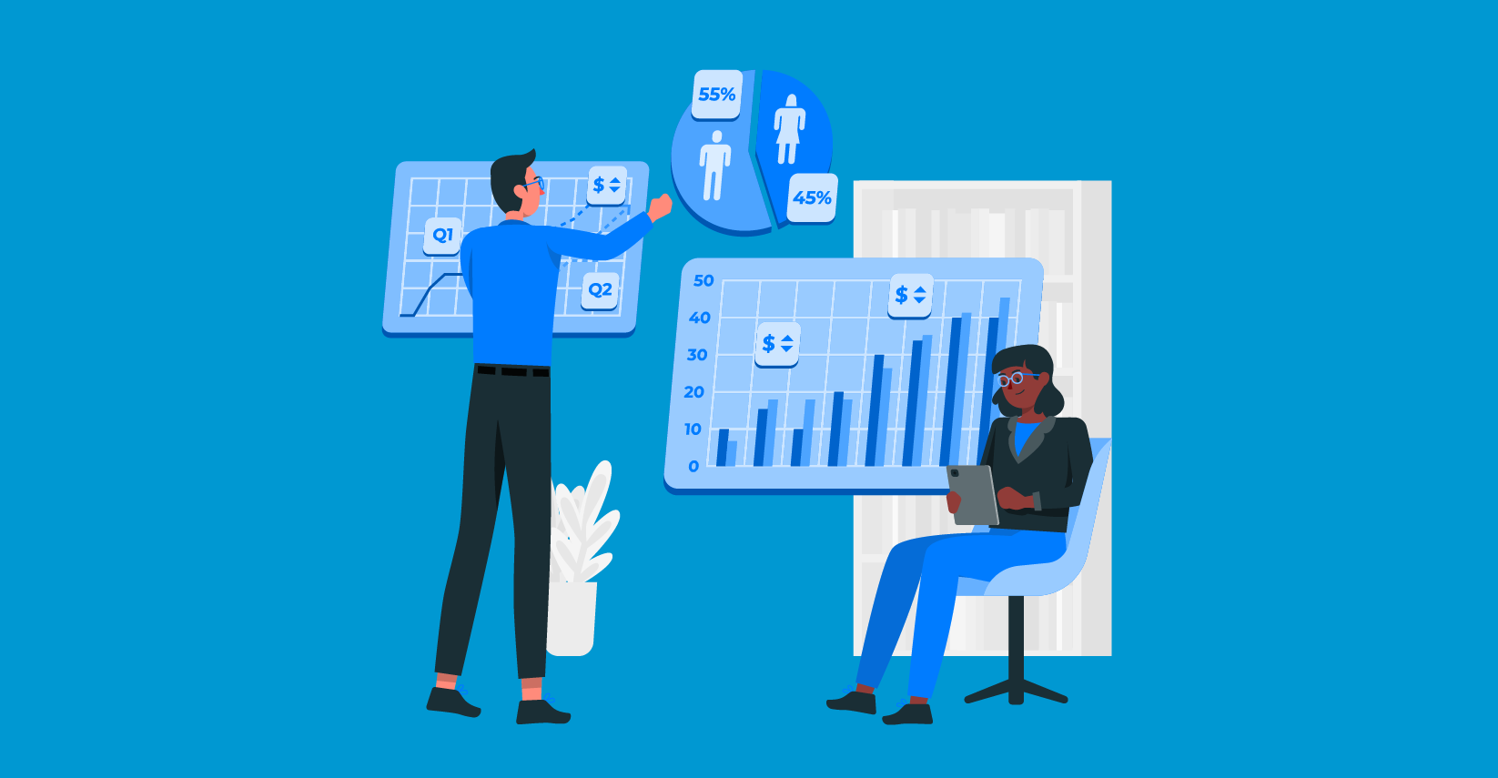 Two people considering different strategies for QA Testing Services in the financial sector